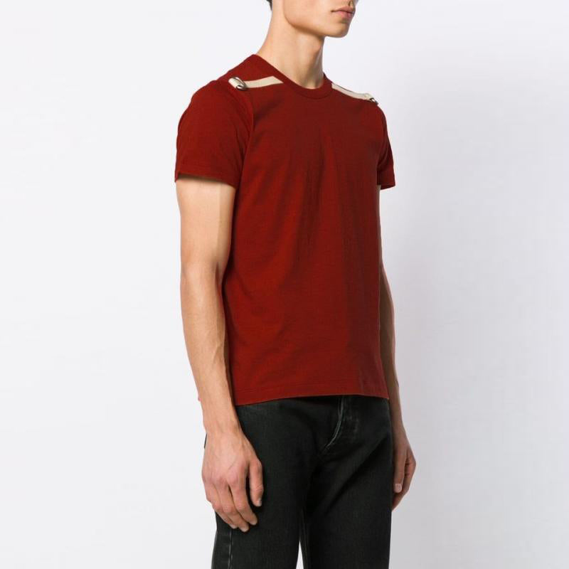 Men's claret T-shirt with shoulders embellishments